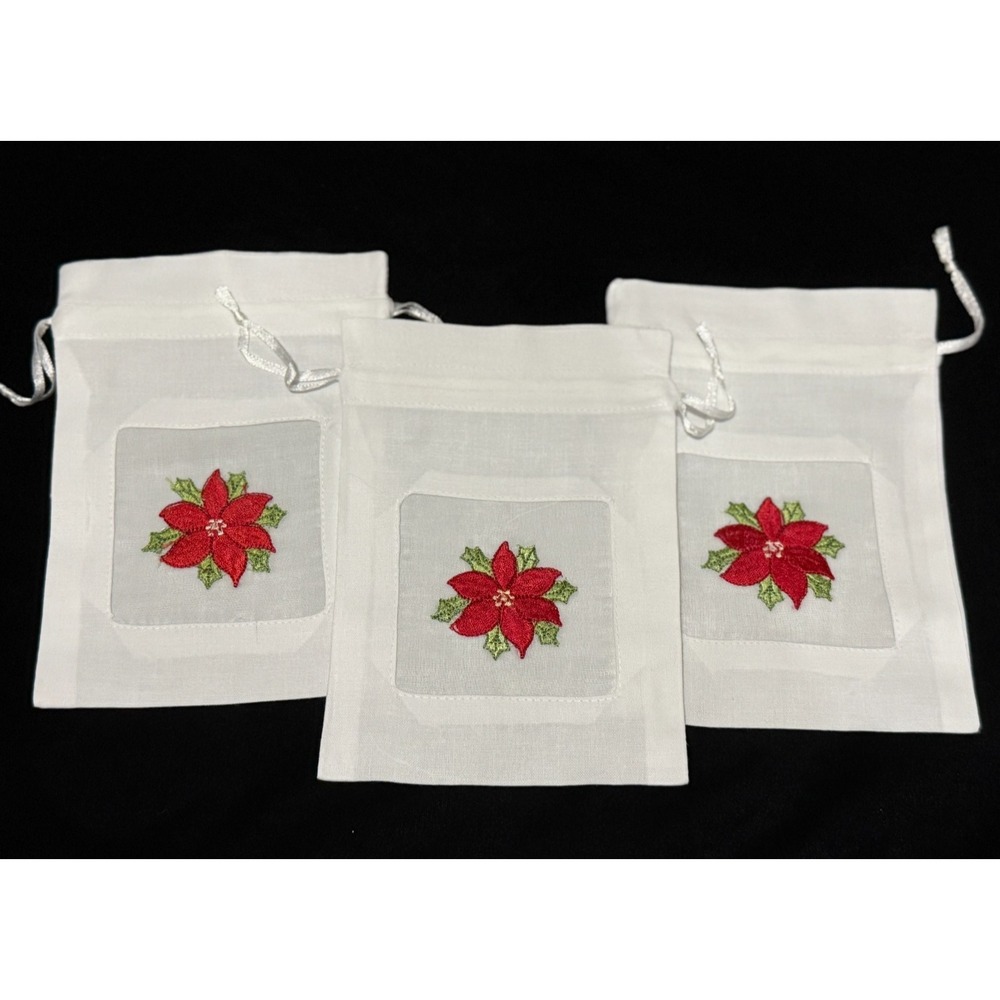 New Lot of 3 Poinsettia Flower Embroidered Drawstring Gift Bag Storage Xmasβ